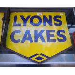 AN EARLY 20TH CENTURY DOUBLE SIDED ENAMEL SIGN, 'LYONS CAKES' 44cm wide