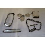 A SILVER ALBERT CHAIN AND VESTA CASE, and a silver and mother-of-pearl handled fruit knife (c.2.
