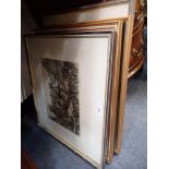 MARION RHODES: 'Enfield Market', etching, and four 20th century watercolours