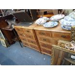 AN EDWARDIAN MAHOGANY AND SATINWOOD BANDED WINDOW TABLE AND A PAIR OF REPRODUCTION WALNUT CROSS