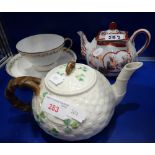 A BELLEEK TEAPOT, a Japanese teapot and a 'Versailles' cup and saucer (examine) (3)