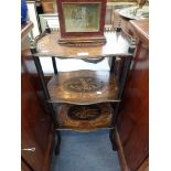 A MARQUETRY AND EBONISED THREE TIER ETAGERE with ormolu mounts, 40cm wide