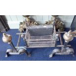 AN ARTS AND CRAFTS STYLE FIRE BASKET and fire dogs with brass terminals and scrolling supports
