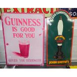AN ENAMEL SIGN, 'JOHN SMITH'S YORKSHIRE BITTER' 42.5cm high and a reproduction Guinness sign (2)
