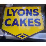AN EARLY 20TH CENTURY DOUBLE SIDED ENAMEL SIGN, 'LYONS CAKES' 44cm wide
