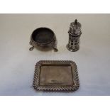 A GEORGE III SILVER SALT, silver pin dish and and silver pepperette (c.3.1oz) (3)