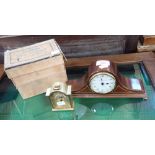A SMALL MAHOGANY CASED MANTEL CLOCK, a small brass cased clock and a Vintage Ensign box camera