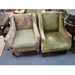 A LATE VICTORIAN TUB CHAIR of square form with square tapering panelled front legs on brass castors,