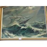 A MID 20TH CENTURY OIL ON BOARD STUDY OF A SHIP IN STORMY SEA, indistinctly signed 'Vik Medina 65'