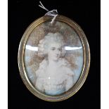 ENGLISH SCHOOL, PORTRAIT MINIATURE OF A LADY wearing a lace blouse tied at the waist with a blue