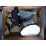 A COLLECTION OF MILITARIA, to include a tin helmet, caps and an army jacket