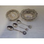 TWO SILVER BON BON DISHES, and three silver commemorative tea / coffee spoons (c.3.4oz)