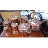TWO COPPER KETTLES and a collection of copper tankards