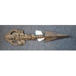 A BRONZE DORJE DAGGER, 19th century, with embossed templehead figures, 29cm long Provenance: The