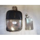 A SILVER PLATED AND LEATHER HIP FLASK, and another similar example (2)