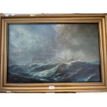 THREE MASTED STEAM SHIP in a stormy sea with dark sky, indistinctly signed 'Moyer(?) 78', oil on