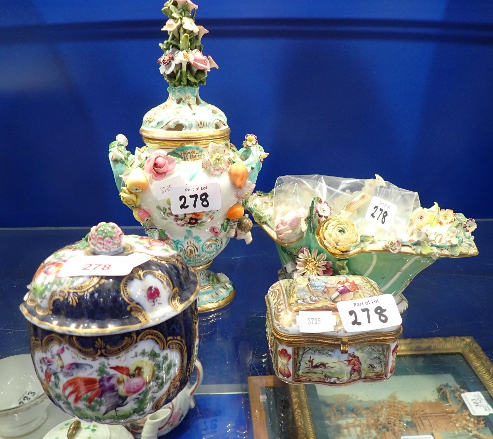 A WORCESTER STYLE POT AND COVER, an English floral encrusted basket and similar ceramics (examine)