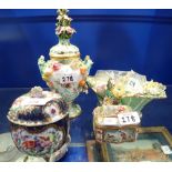 A WORCESTER STYLE POT AND COVER, an English floral encrusted basket and similar ceramics (examine)