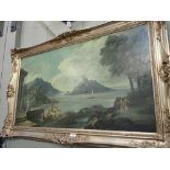 AN ITALIANATE LANDSCAPE WITH FIGURES AND BOATS, oil on board in a silvered rococco frame