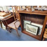 A 19TH CENTURY MAHOGANY OPEN BOOKCASE, 97cm wide, an Edwardian occasional armchair and a mahogany