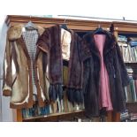 A VINTAGE LADIES BROWN FUR STOLE, a similar three quarter length coat and a suede and fur coat (3)