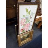 A VICTORIAN OIL ON BOARD LANDSCAPE IN GILT FRAME, a floral painting on glass and a print 'The Well