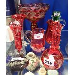 A COLLECTION OF CRANBERRY GLASS, a Bohemian red overlaid tazza and similar glass