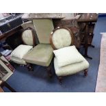 A PAIR OF VICTORIAN WALNUT SHOW FRAME OCCASIONAL CHAIRS with blue and green striped upholstery,