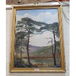 E J WILSON: Heathland scene, through pine trees, oil on board