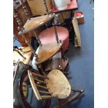 A VICTORIAN CORNER WHATNOT, a rosewood writing slope, a country made child's rocking chair, a mirror