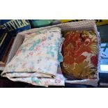 A VINTAGE BAGUETTE TRAY containing a pair of Sanderson curtains and a cushion