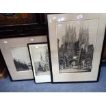 PERCY B HART: 'The Gladstone Memorial and St Clement Danes', etching and two other similar etchings