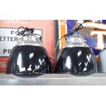 A PAIR OF BLACK INDUSTRIAL STYLE HANGING LAMPS with polished aluminum fittings