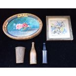 A 1920S MINIATURE WATERCOLOUR OF FLOWERS, in a French oval frame, a similar print, two treen