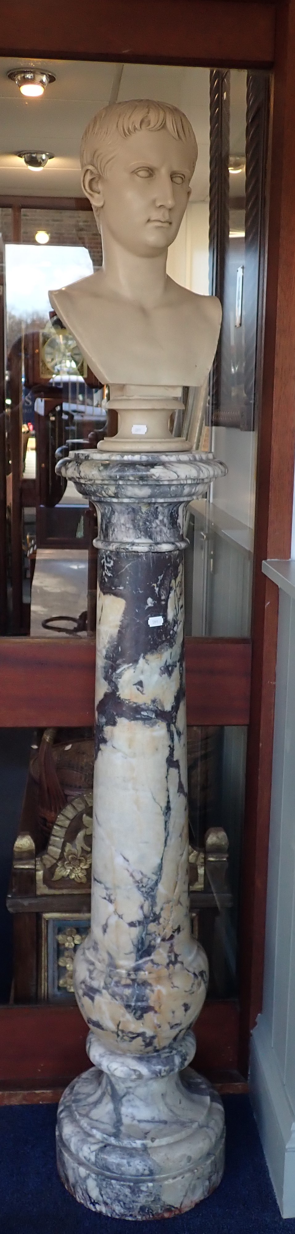 A 19TH CENTURY FIGURED MARBLE COLUMN, 126cm high with a resin bust of a Roman