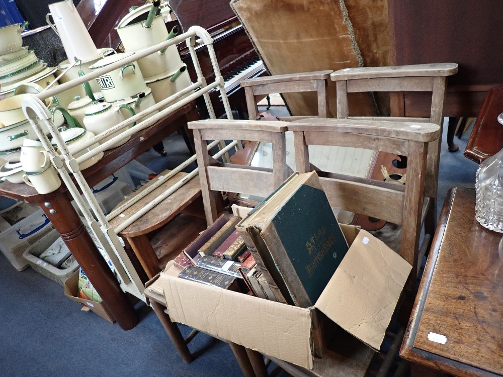 FOUR BEECH CHAPEL CHAIRS, a wall mirror with Ho Ho bird, an Art Deco occasional table and a towel