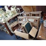 FOUR BEECH CHAPEL CHAIRS, a wall mirror with Ho Ho bird, an Art Deco occasional table and a towel