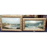 A STEAM LINER AT SEA AND LIGHTHOUSE, oil on board and another similar painting, both in gilt frames