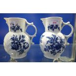 A FIRST PERIOD WORCESTER BLUE AND WHITE JUG, 21cm high and another similar (some chips)