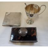 A SILVER ENGINE TURNED CIGARETTE CASE, tortoiseshell and silver desk blotter, and a two-handle