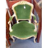 A PAINTED AND GILT LOUIS XV STYLE FAUTEUIL with green upholstery, 65cm wide
