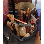 A COLLECTION OF HAND TOOLS, a galvanized bucket and a smaller example