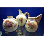 A ROYAL WORCESTER BLUSH IVORY JUG, 13cm high and two similar Worcester vases (3)