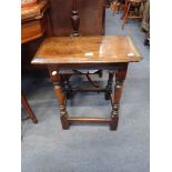 AN OAK JOINT STOOL IN JACOBEAN STYLE, elements probably 17th century and later, the rectangular