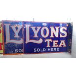 AN EARLY 20TH CENTURY DOUBLE SIDED ENAMEL SIGN, 'LYONS' TEA SOLD HERE', 45cm wide and another