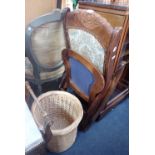 A FOLDING 'STEAMER' CHAIR with upholstered seat and back and a wicker bin (2)