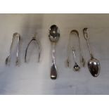 A COLLECTION OF MIXED SILVER FLATWARE, to include a novelty pair of silver wish-bone form sugar nips