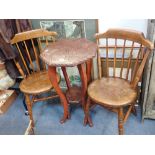 A PAIR OF VICTORIAN ELM SEATED STICK BACK KITCHEN CHAIRS and an occasional table