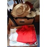 A COLLECTION OF VINTAGE LADIES HATS and a collection of table cloths, napkins and textiles