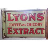 AN EARLY 20TH CENTURY DOUBLE SIDED ENAMEL SIGN, 'LYONS' COFFEE AND CHICORY EXTRACT' 45cm wide